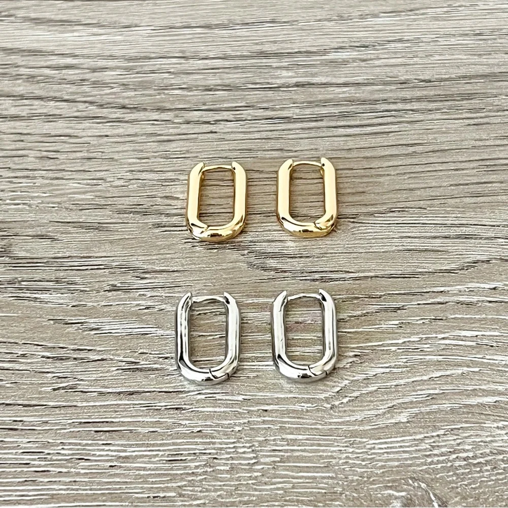 NEW | rectangular hoop huggie earrings in gold and silver